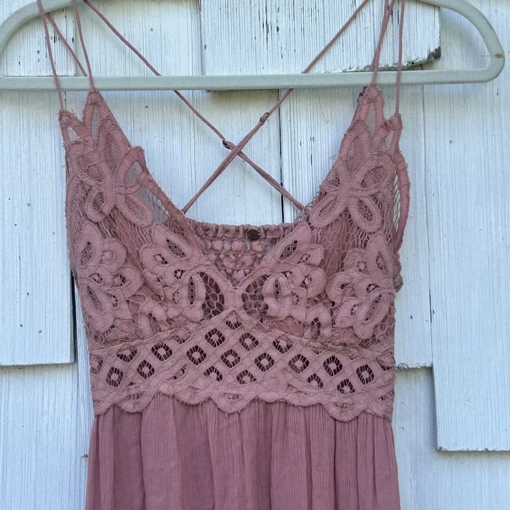 Free People Adella Slip Dress Dusty Pink Crochet Lace Boho Mini Medium OB661170